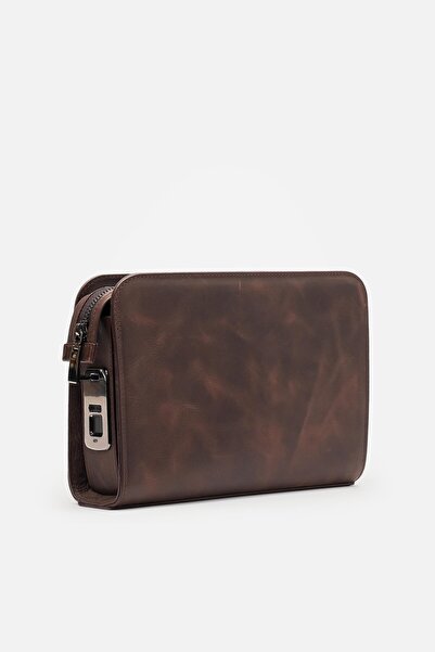 MAFİ İmza %100 Hakiki Kahverengi Deri Biyometrik El Çantası (Parmak İzi Kilitli)