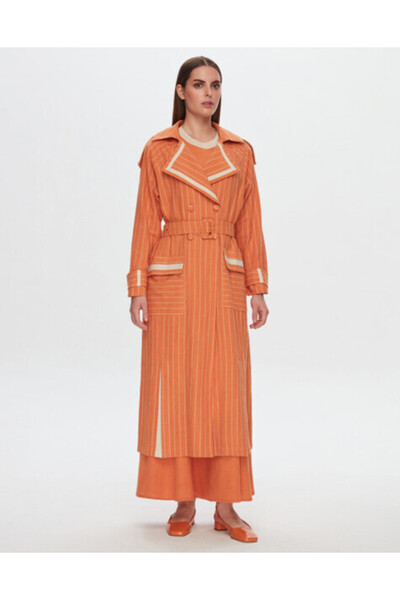 MISS DALIDA T24Y-8023 Çizgili Kruvaze Uzun Keten Ceket ORANGE