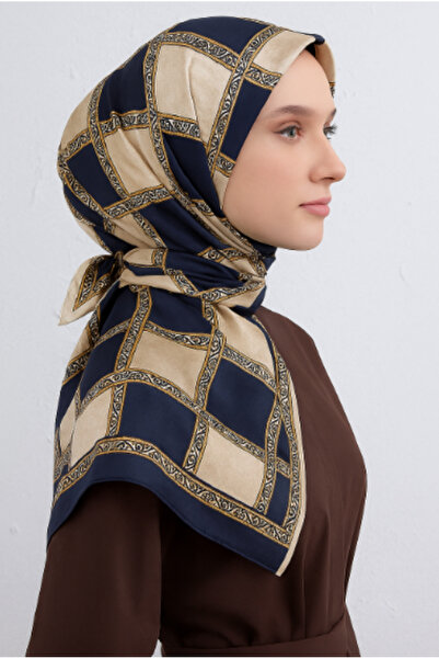 Vissona Шовковий шарф Tivil 17526 - 17526 - 9 - 0033 - 0003 Темно-синій лососевий етнічний візерунок