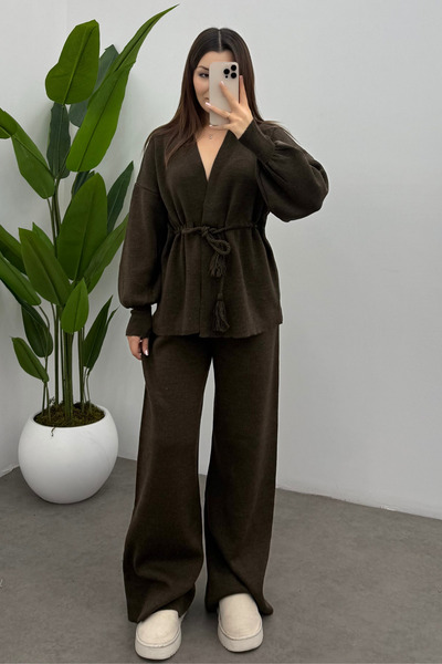 Ladima Γυναικείο καφέ παντελόνι με φούντα μέσης με λεπτομέρεια με κορδόνια Ζα...