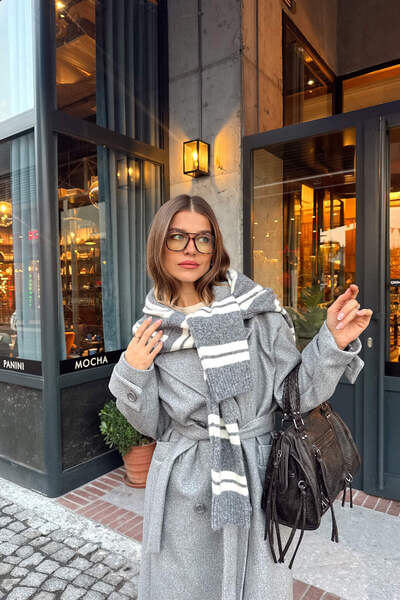 Sue Store Gray Melange Belted Lined Oversized Wool Coat