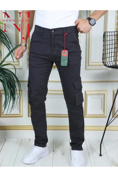 NARİN JEANS Pantaloni pentru bărbați, buzunar cargo bucăți, cu talie înaltă, din lycra, cu fermoar, cu picior drept