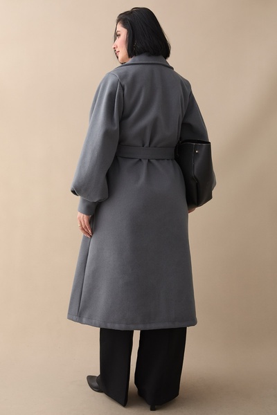 InStyle Double-Breasted Balloon Sleeve Belted Unlined Gray Cashmere Coat