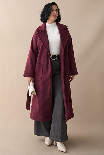 InStyle Παλτό με διπλά κουμπιά χωρίς επένδυση με τσέπες και ζώνη σε μπορντό χρώμα