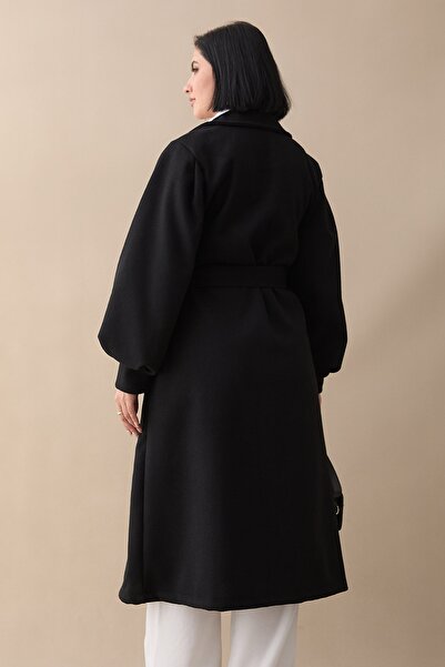 InStyle Double-Breasted Balloon Sleeve Belted Unlined Black Cashmere Coat