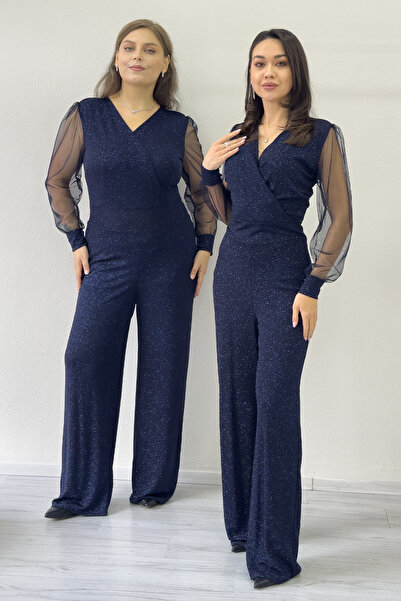 zks grup tekstil Women's Silvery Double-Breasted Neckline Tulle Sleeve Evening Dress Jumpsuit Purple, Black, Navy Blue, Burgundy, Silver, Green