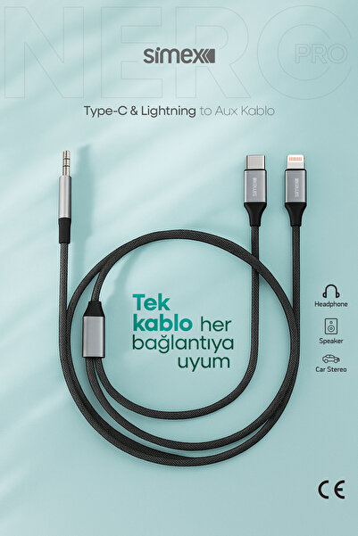 Simex Type C Iphone Lightning To 3.5mm Aux Kumaş Örgülü Ses Kablosu 2in1 DAC Çipli Stereo Destekli