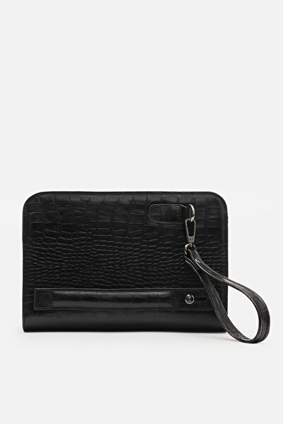 MAFİ İmza %100 Hakiki Siyah Croco Deri Biyometrik El Çantası (Parmak İzi Kilitli)