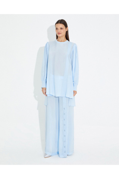 MISS DALIDA T23Y-7010 Düğme Detaylı Bol Paça Kupra Pantolon BLUE