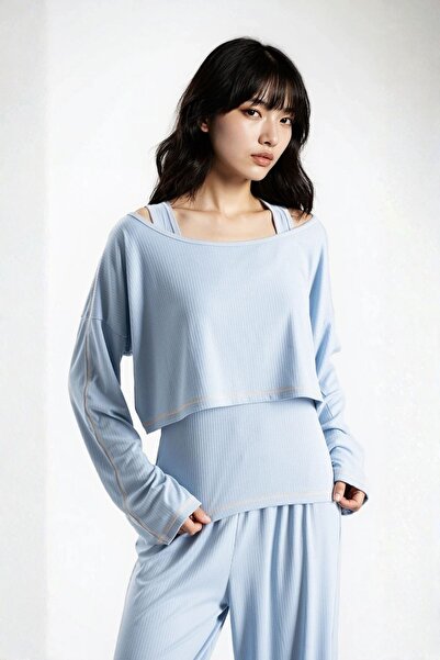 Ecrou Kadın Mavi Raporlu Kaşkorse Doku Seoul 3 Lü Pijama Takım