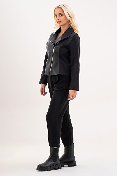 Bold & Young Black Leather Detailed Zippered Women's Jacket