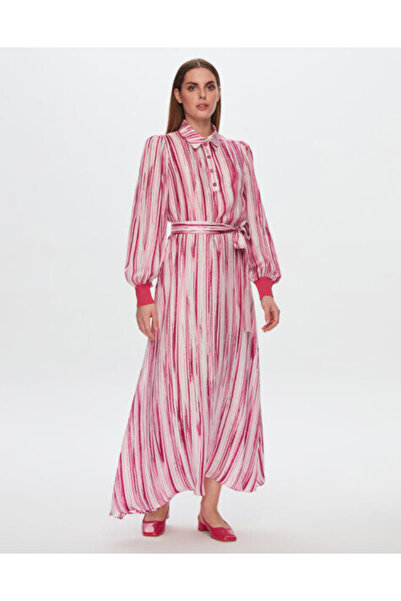 MISS DALIDA T24Y-4044 Renkli Çizgili Uzun Elbise FUCHSIA