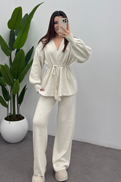 Bipantolon Γυναικείο Σετ Πλεκτό Ζακέτα με Φούντα στη μέση και Λεπτομέρεια με Δαντέλα