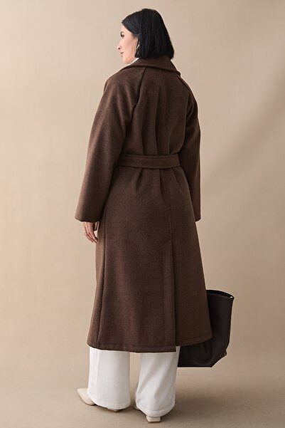 InStyle Двуредно, без подплата, с джобове, с колан, тъмнокафяво палто от велур