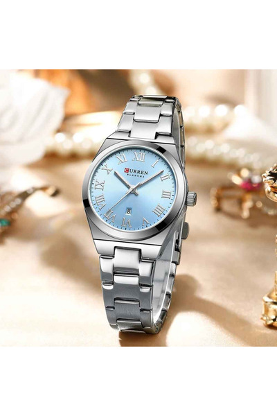 Curren Ceas elegant de damă 9095L, cuarț, cadran albastru, brățară și carcasă argintii, calendar, 3 ATM