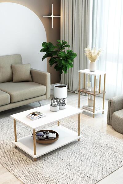 MERVİNG Ahşap Ayaklı Beyaz Desenli Orta Sehpa Modern Tasarım DEMONTE