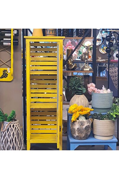 Le Atölye Ahşap Izgaralı Nostaljik Tel Dolap Büyük Boy Sarı Eskitme