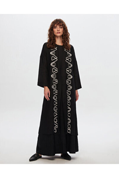 MISS DALIDA T24Y-8016 Nakış Detaylı Keten Kaftan BLACK