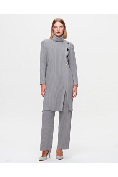 MISS DALIDA T25K-6019 Kalın Fitilli Renkli Düğmeli Triko Tunik VİALE-GREY