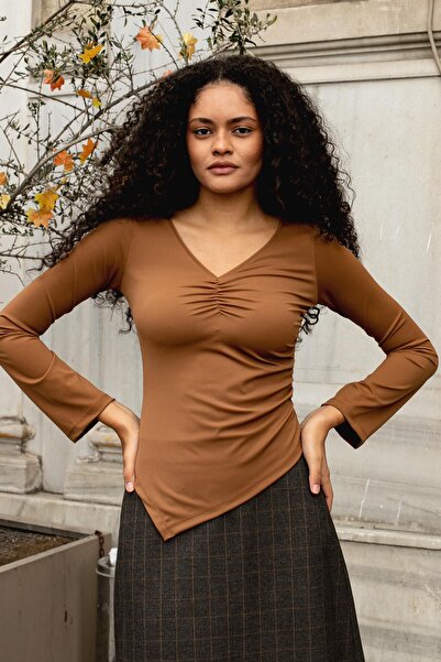 Jument Women's Stretch Fabric Flexible Lightweight Shiny Fabric V-Neck Shirred Long Sleeve Asymmetrical Blouse-Brown