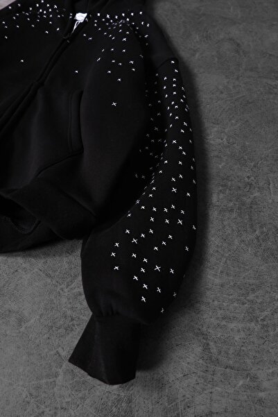 Slatra Men's Black Embroidery Detail Full Zip Oversized Hooded Sweatshirt