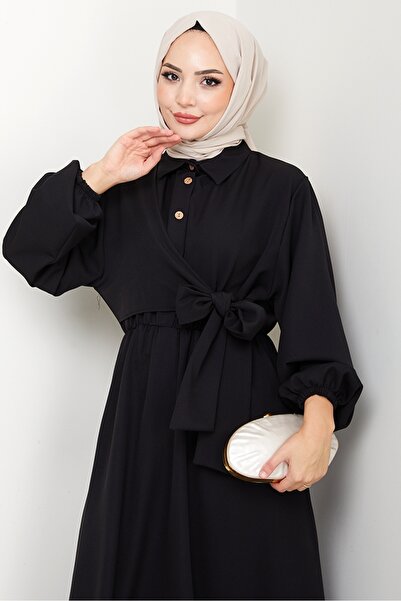 Bestenur Cross Tie Shirt Collar Dress 1636 - Black