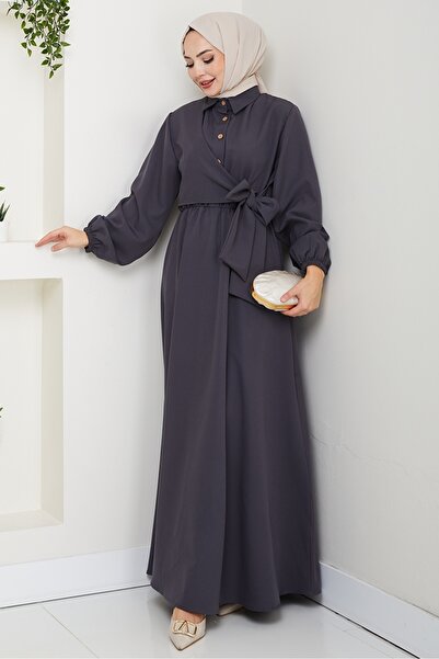 Bestenur Cross Tie Shirt Collar Dress 1636 - Anthracite