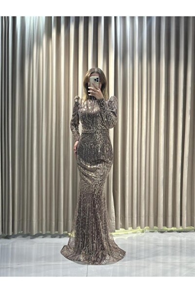 Kaleiçi Yıldızlar Bakır Tesettür Yeni Sezon Cam Taş İşlemeli Abiye 6105