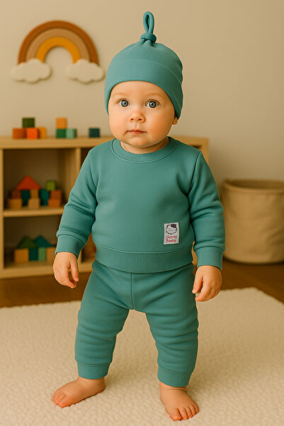 minikiss Unisex Παιδικό Σετ Κάτω και Πάνω Ενδύματα με πλέξη ριμπ Υφασμάτινα Καπέλα