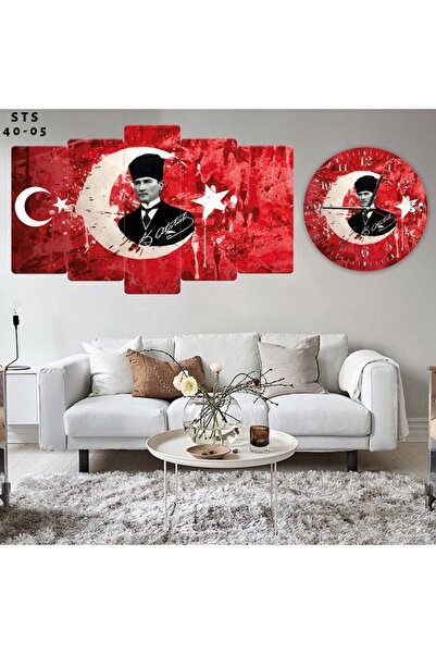 FORONEUS Atatürk Bayraklı 5 li Mdf Tablo ve Saat Seti
