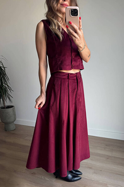 Sue Store Burgundy Slim F Corded Fabric Vest Skirt Velvet Suit