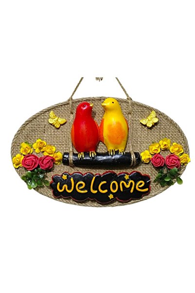 Mixperi Декоративна прикраса для дверей Welcome – жовта червона пташка і квітка, ручна робота з джутової нитки