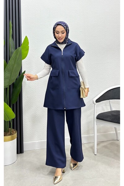 Bluezade kadın yelek pantolon ikili takım lastikli bel rahat kesim