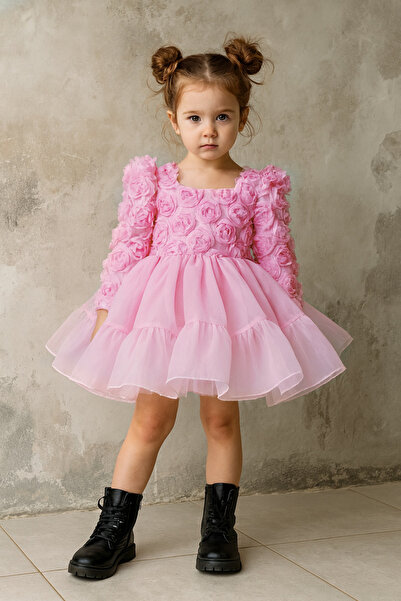 lunavella Kız Çocuk Uzun Kollu Abiye Elbise Carolin Kumaş Doğum Günü,Düğün ,Özel Gün Elbisesi