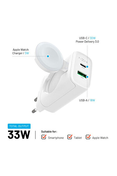 FIXED Încărcător USB Type-C + încărcător fix pentru Apple Watch, 33W, FIXC33-CUW-WH, alb