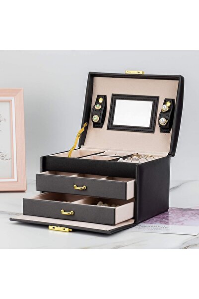 zola Makeup Organizer - Jewelry Box with Mirror and Key Lock, 17.5 x 13.8 x 13.5 cm, Black