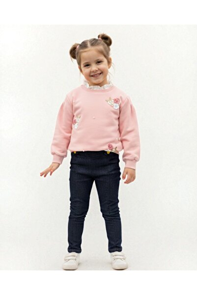 VOY KİDS Girl's Floral Embroidered Collar Detail, Leggings Included, Ages 2-10, Stylish Top and Bottom Set