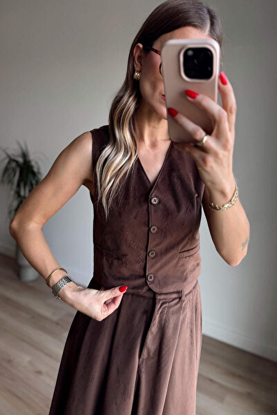 Sue Store Brown Slim F Corded Fabric Vest Skirt Velvet Suit