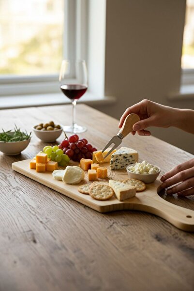 ANJEAHOME لوح تقديم وتقطيع الجبن من الخيزران من بريانكو |   لوح تقديم مع مجموعة سكاكين وشوك من الفولاذ بمقابض من الخيزران