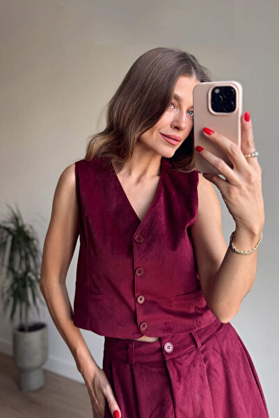 Sue Store Burgundy Slim F Corded Fabric Vest Skirt Velvet Suit