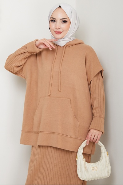 Bestenur Hooded Tunic Dress Knitwear Set 1645 - Mink
