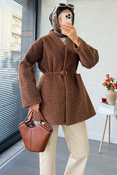 MELEK ARAZ Premium καστανόχρωμο παλτό με διπλό πέτο γιακά με ζώνη – Καφέ