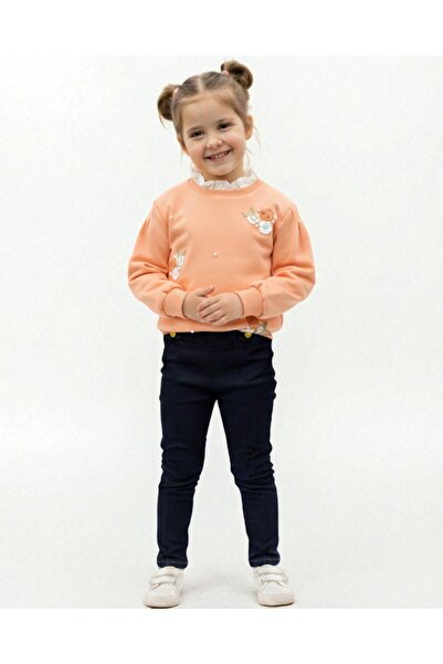 Ege Bebek Girl's Floral Embroidered Collar Detail, Leggings Included, Ages 2-10, Stylish Top and Bottom Set