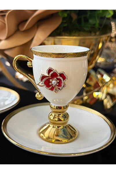 LOKMAN ZÜCCACİYE 6-Piece Stone-Set Red Rose Brooch-Decorated Gilt-Footed Porcelain Coffee Cup Set 90 ml