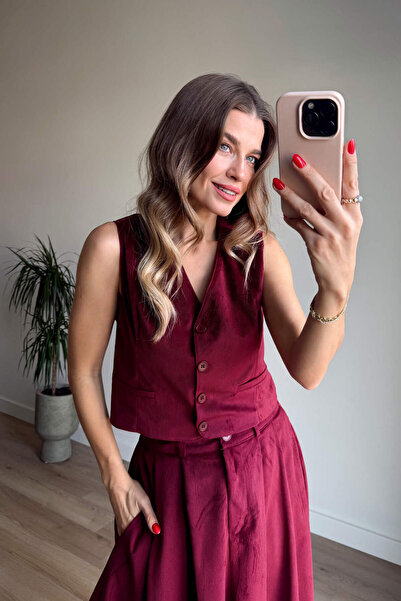 Sue Store Burgundy Slim F Corded Fabric Vest Skirt Velvet Suit