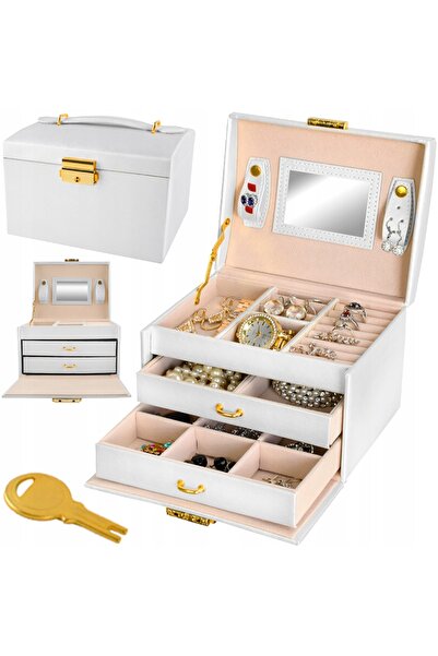 zola Cutie de bijuterii, cu 3 niveluri, oglindă, 17,5x13,8x13,5cm, piele albă