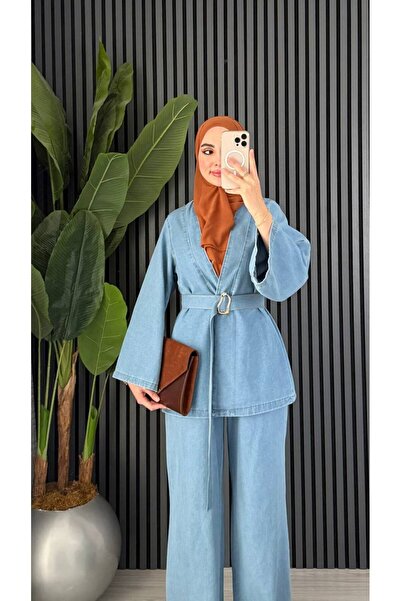 Molly Nelly Women's Denim Belt Detailed Pants Blouse Set
