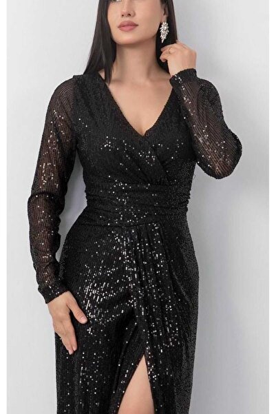 CİXAPLE Slit Long Sleeve Pulpayet Evening Dress