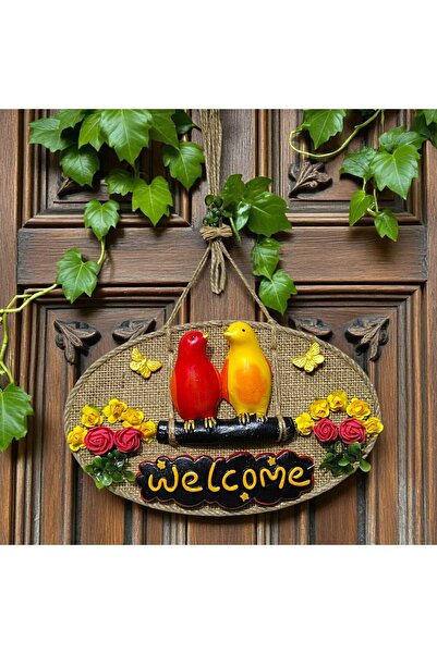 Mixperi Διακοσμητικό στολίδι για την πόρτα Welcome – Χειροποίητο στολίδι πόρτας με θέμα το κίτρινο κόκκινο πουλί και τα λουλούδια, με κορδόνι από γιούτα