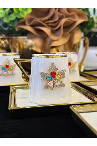 LOKMAN ZÜCCACİYE طقم فناجين قهوة 6 أشخاص مع صحون مربعة وبروش ملون مزخرف بالحج...